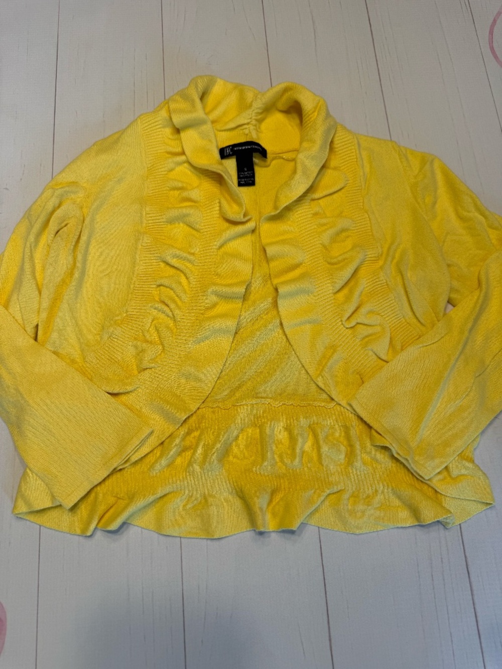 INC Open Front Ruffle Jacket/Sweater Yellow Size S